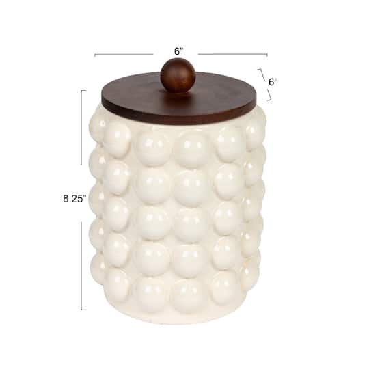 Hello Honey® White Raised Dots Stoneware Canister with Acacia Wood Lid